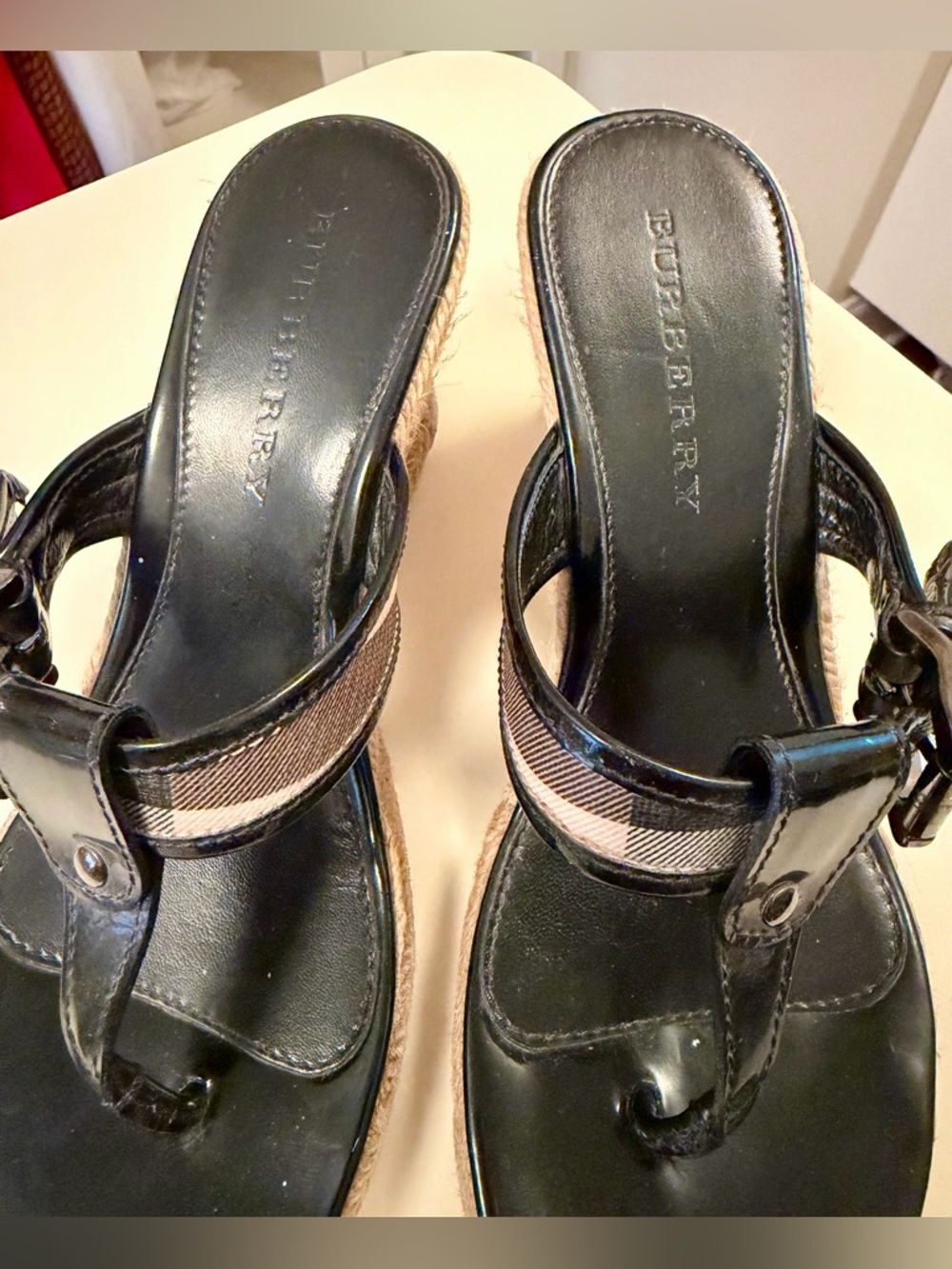 Burberry Wedge Sandals |Black Patent Leather Nova Check Strap Espadrille Size 8 - Picture 2 of 10